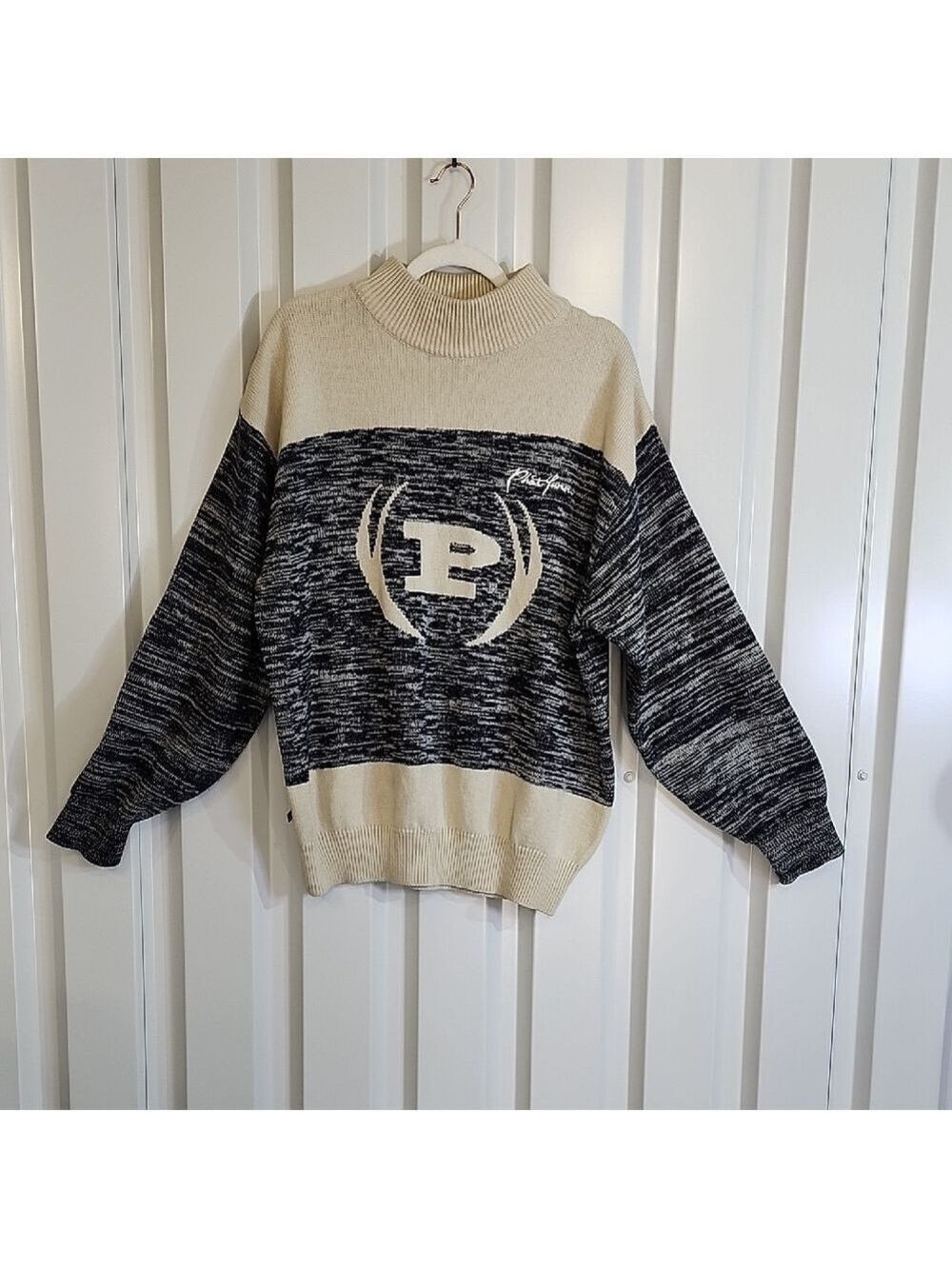 Vintage Phat Farm Mens Blue and Cream Crew Neck Sweater Size XXL Wool Blend Y2K